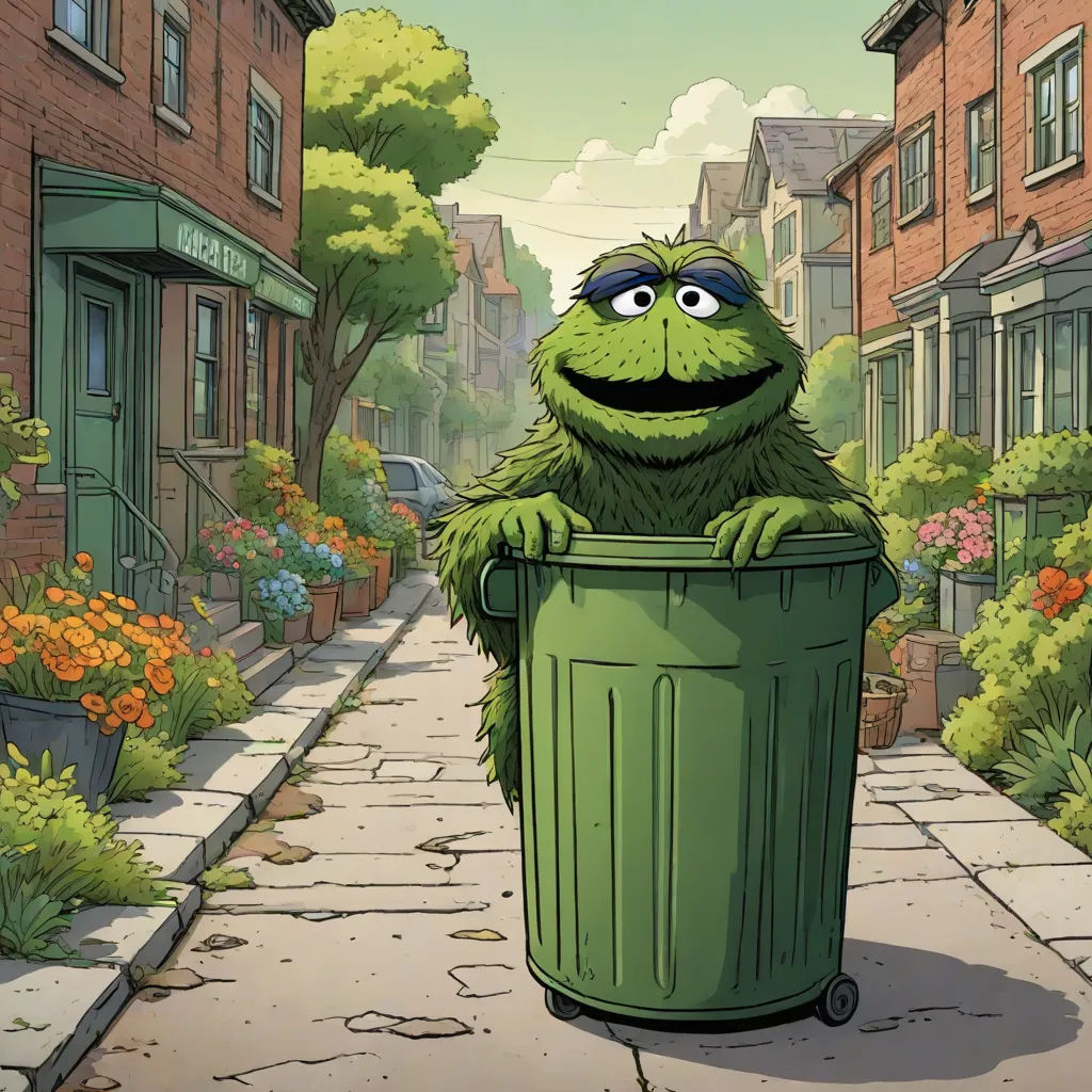 a cartoon character is standing in a trash can in a city street with a green trash can in front of him, ashcan school, a character portrait, Chica Macnab, official art