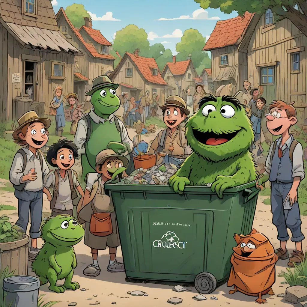 a cartoon of a group of people standing around a trash can with a green monster in it's mouth, ashcan school, a storybook illustration, Cricorps Grégoire, official art