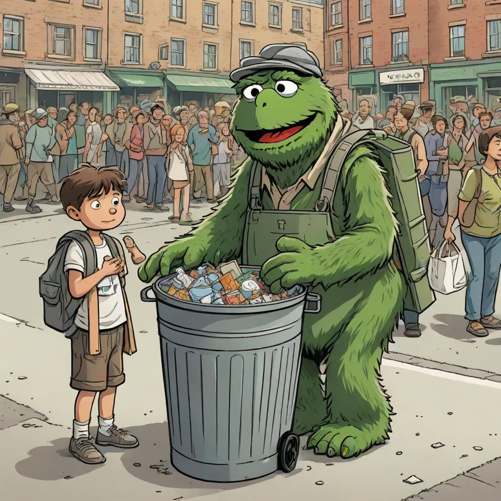 a cartoon of a boy standing next to a trash can with a sesame character in it and a man standing next to it, ashcan school, a storybook illustration, Asaf Hanuka, official art