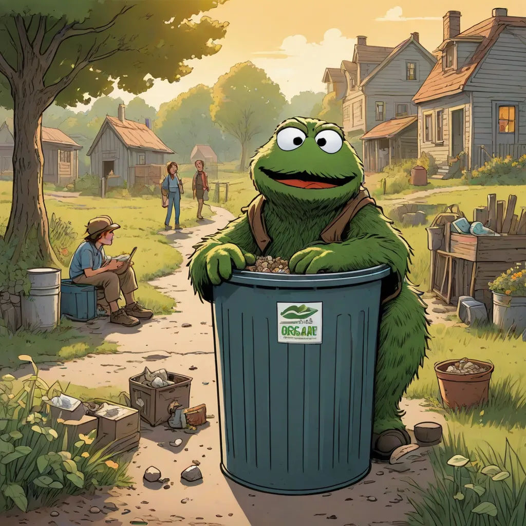a cartoon of a frog sitting in a trash can with a person standing next to it and a person standing next to a house, american scene painting, a storybook illustration, Art Green, official art