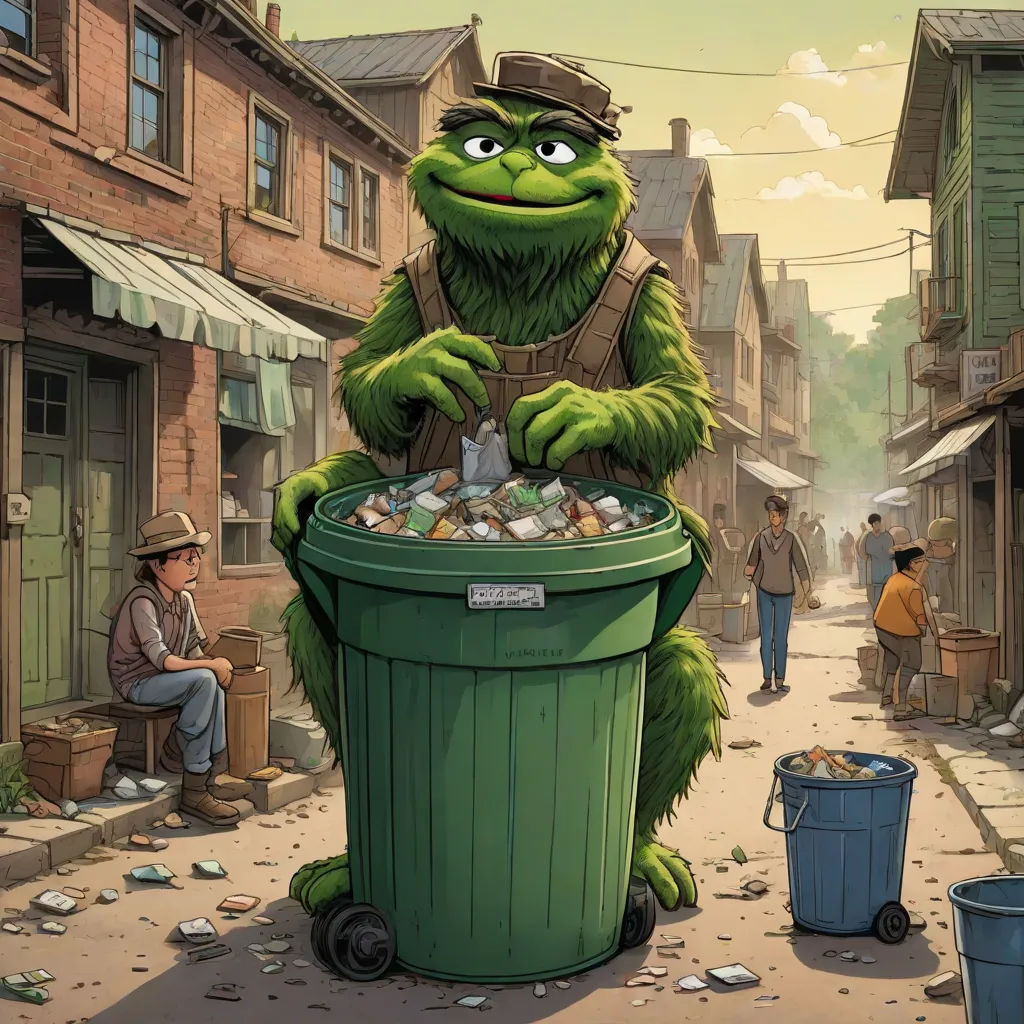 a cartoon of a man sitting on a trash can with a frog standing over it and a man standing next to a trash can, ashcan school, concept art, Chris LaBrooy, official art