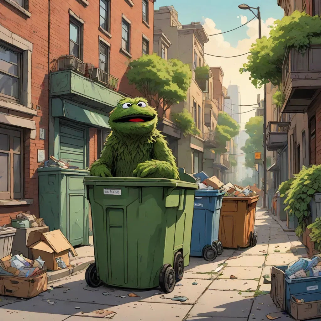 a cartoon of a sesame character sitting in a trash can on a city street with garbage cans around him, ashcan school, a detailed matte painting, Chris LaBrooy, official art