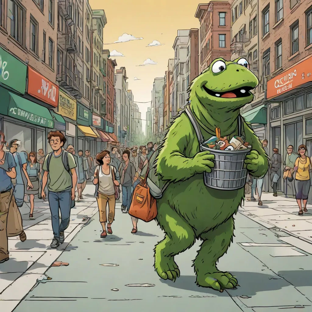 a cartoon of a green frog holding a basket of food in a crowded city street with people walking by, underground comix, a comic book panel, Asaf Hanuka, josan gonzales and dan mumford