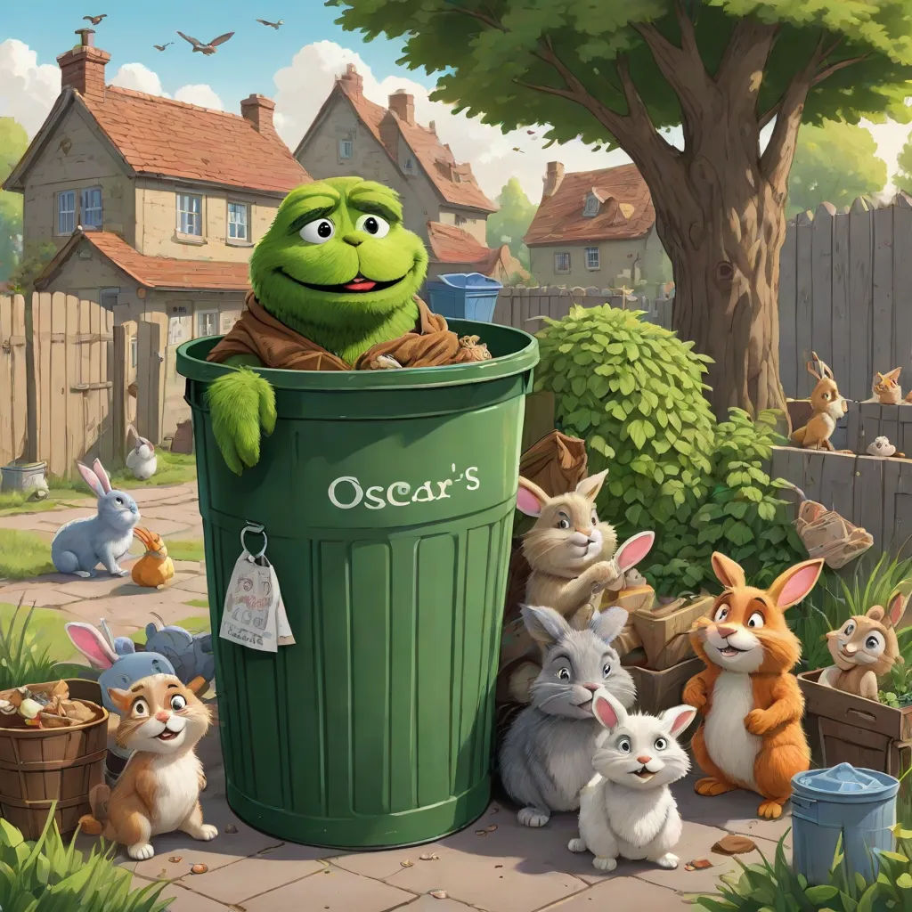 a cartoon character is sitting in a trash can surrounded by rabbits and rabbits in a yard with a house in the background, furry art, a storybook illustration, Edward Otho Cresap Ord, II, official art