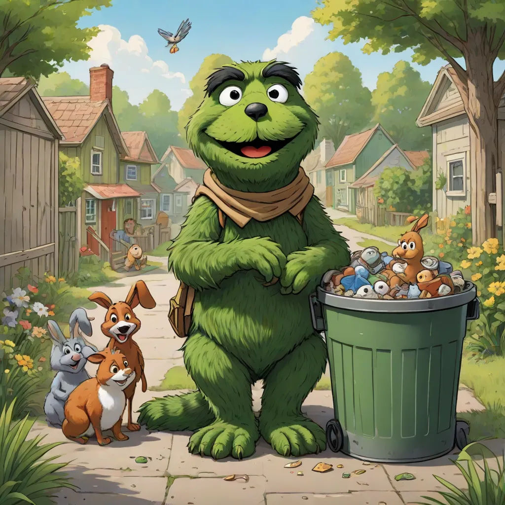 a cartoon character is holding a trash can full of garbage and a dog is looking on from the other side, furry art, a character portrait, Chris LaBrooy, official art