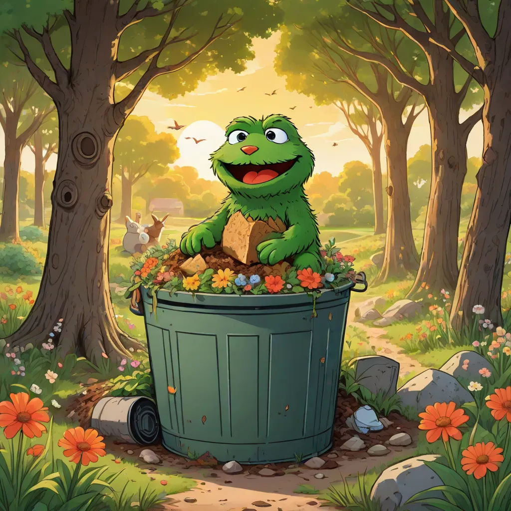 a cartoon character sitting in a trash can in a forest with flowers and trees around him and a deer, environmental art, a storybook illustration, Andries Stock, official art
