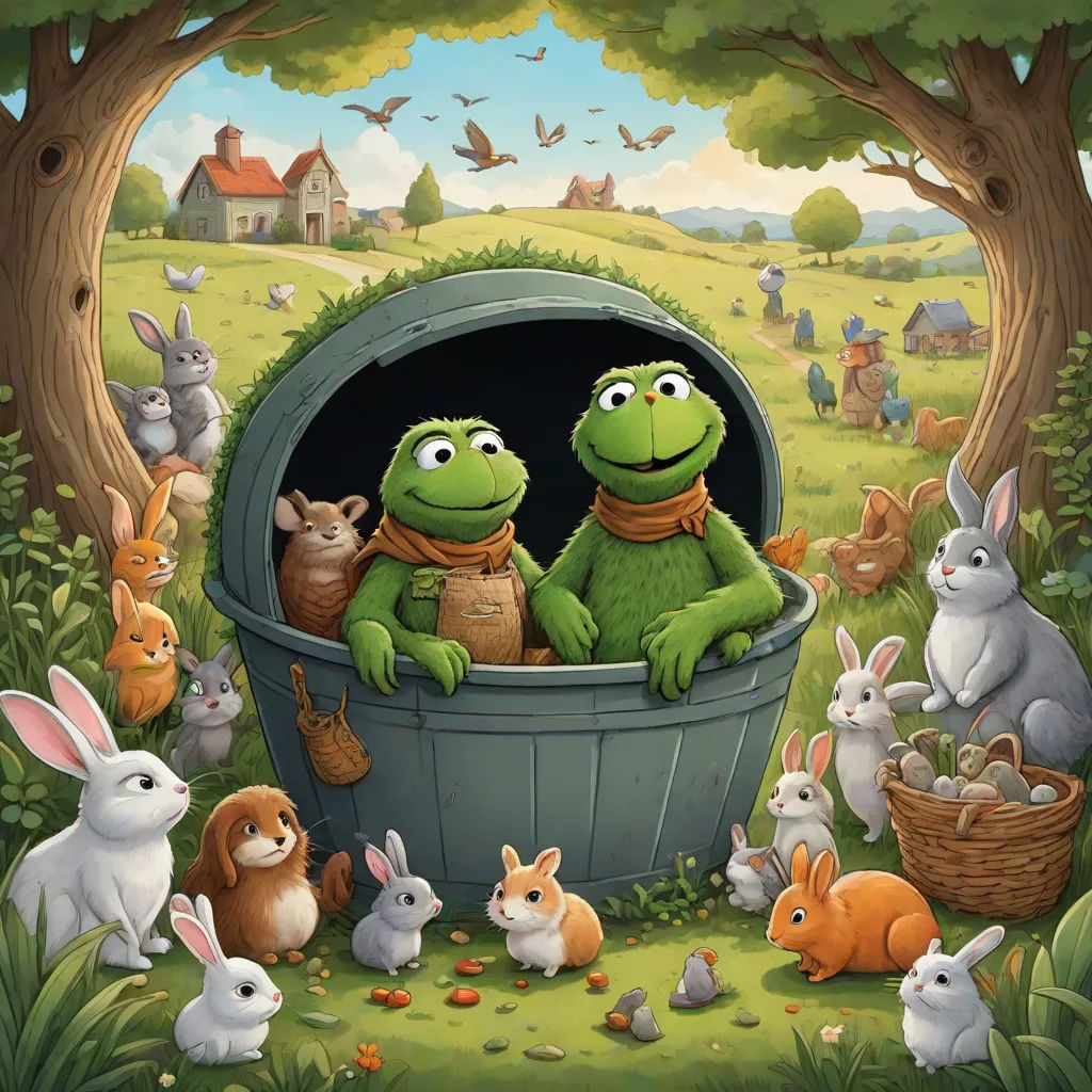 a painting of a group of animals in a basket with a frog and other animals around it, all in the same picture, furry art, a storybook illustration, Andries Both, official art