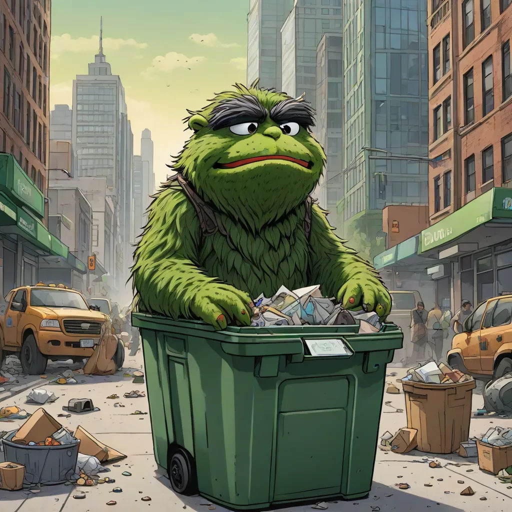 a cartoon character is standing in a trash can in a city street with trash everywhere around him and a cityscape in the background, ashcan school, a detailed matte painting, Chris LaBrooy, gritty