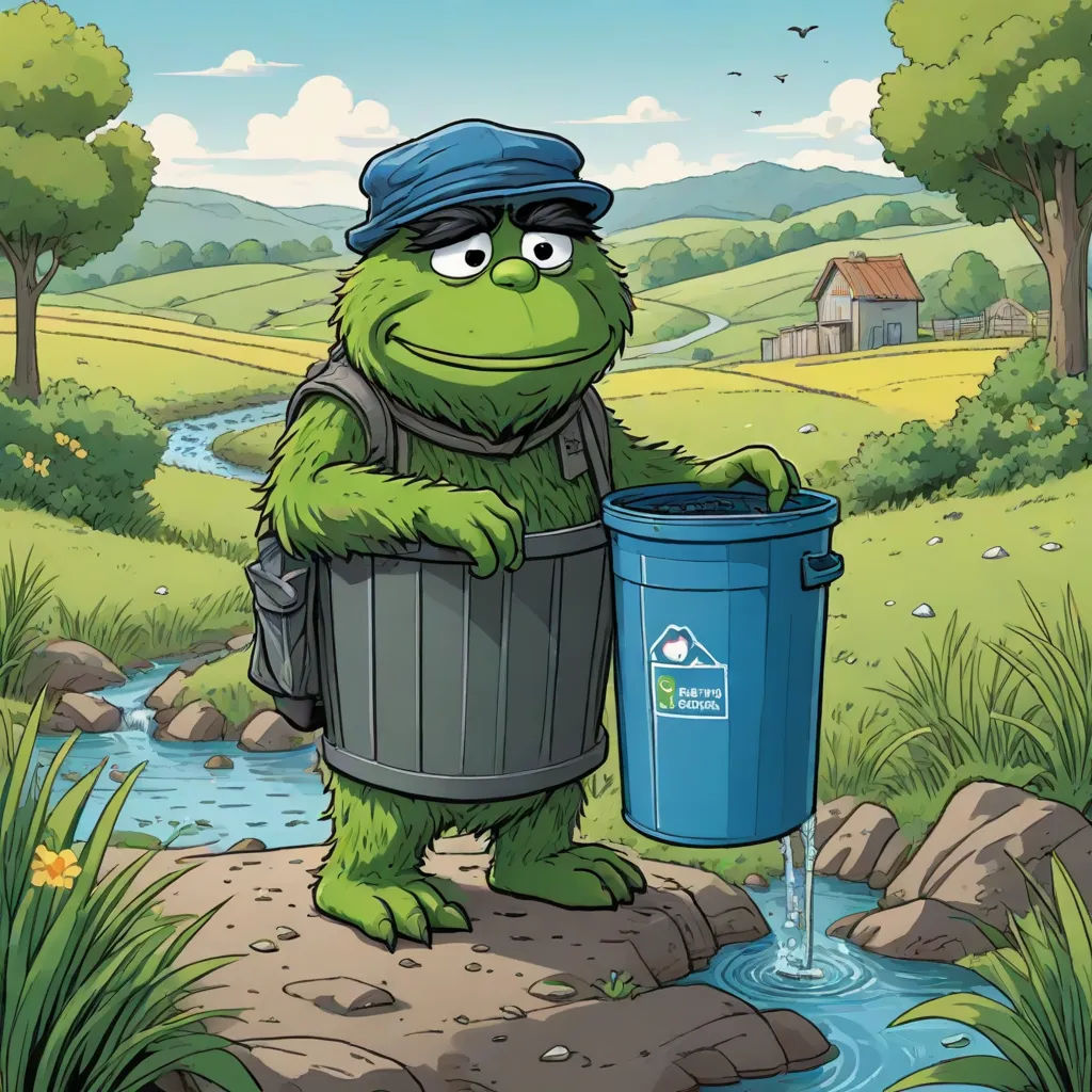 a cartoon character holding a trash can and a bucket in a field with a stream of water in the background, environmental art, a character portrait, Andries Stock, official art