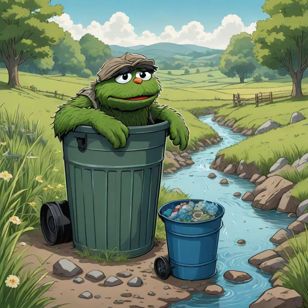 a cartoon character is sitting in a trash can with a trash can in front of him and a river running through the background, environmental art, a character portrait, Andries Stock, official art