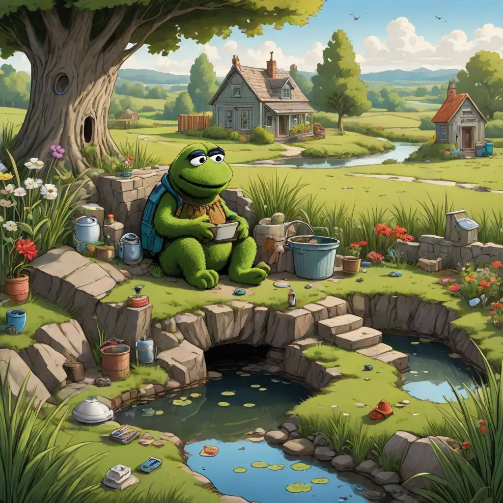a frog sitting on a rock in a garden with a pond and a house in the background, with a pond in the foreground, ecological art, a storybook illustration, Andries Stock, storybook illustration