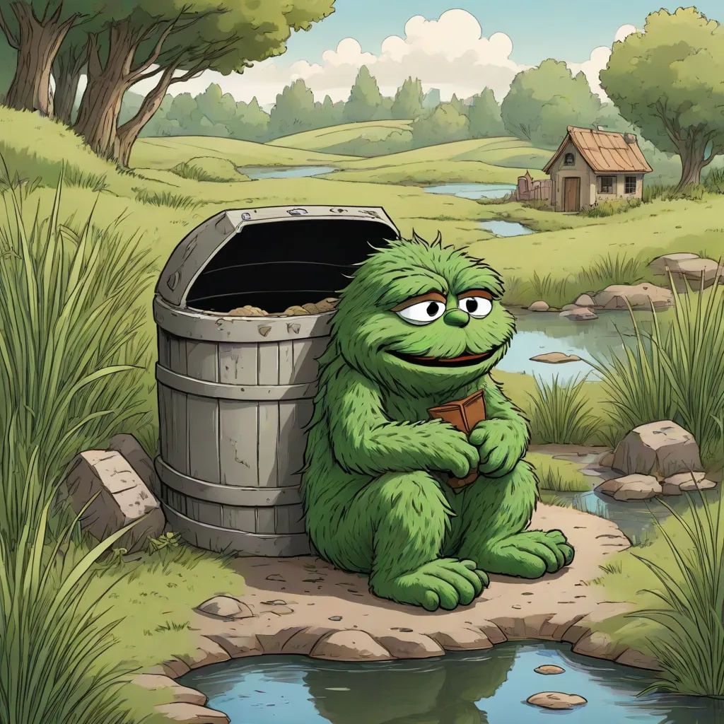 a cartoon character sitting on a rock next to a barrel of water and a house in the background with a pond, furry art, a storybook illustration, Chris LaBrooy, promotional image