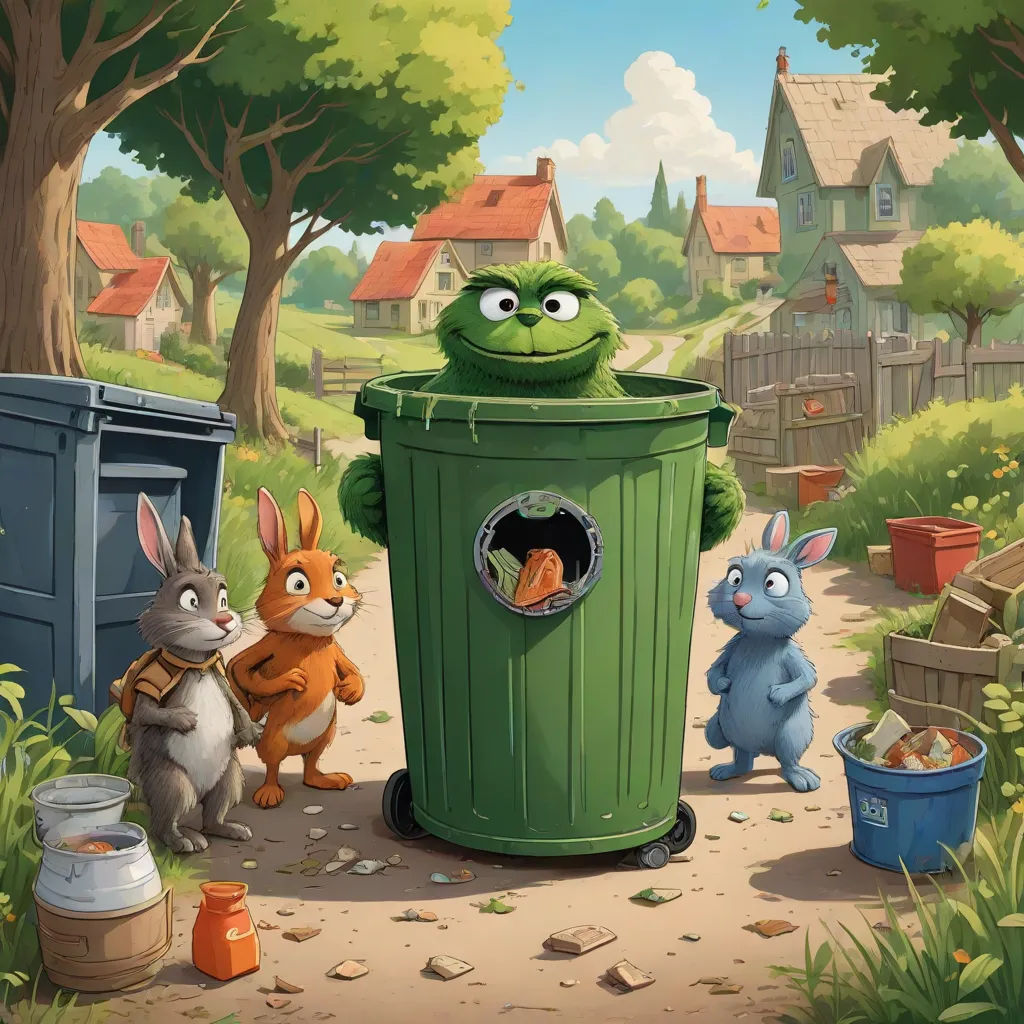 a cartoon of a trash can with some animals around it and a frog in the trash can with another animal, ashcan school, a storybook illustration, Chris LaBrooy, official art