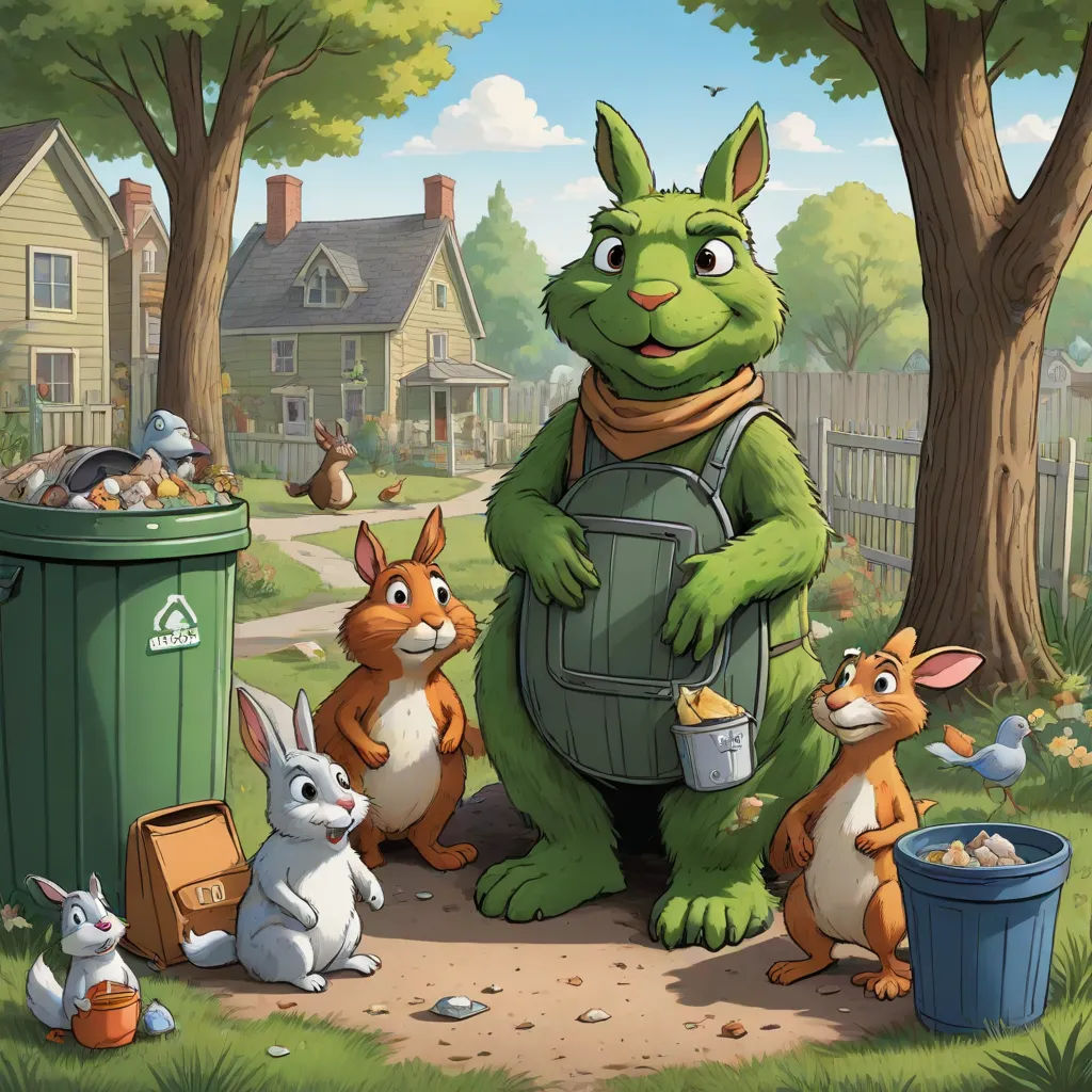 a cartoon of a green monster with many rabbits around it and a garbage can in the background with a house and trees, furry art, a storybook illustration, Chris LaBrooy, official art