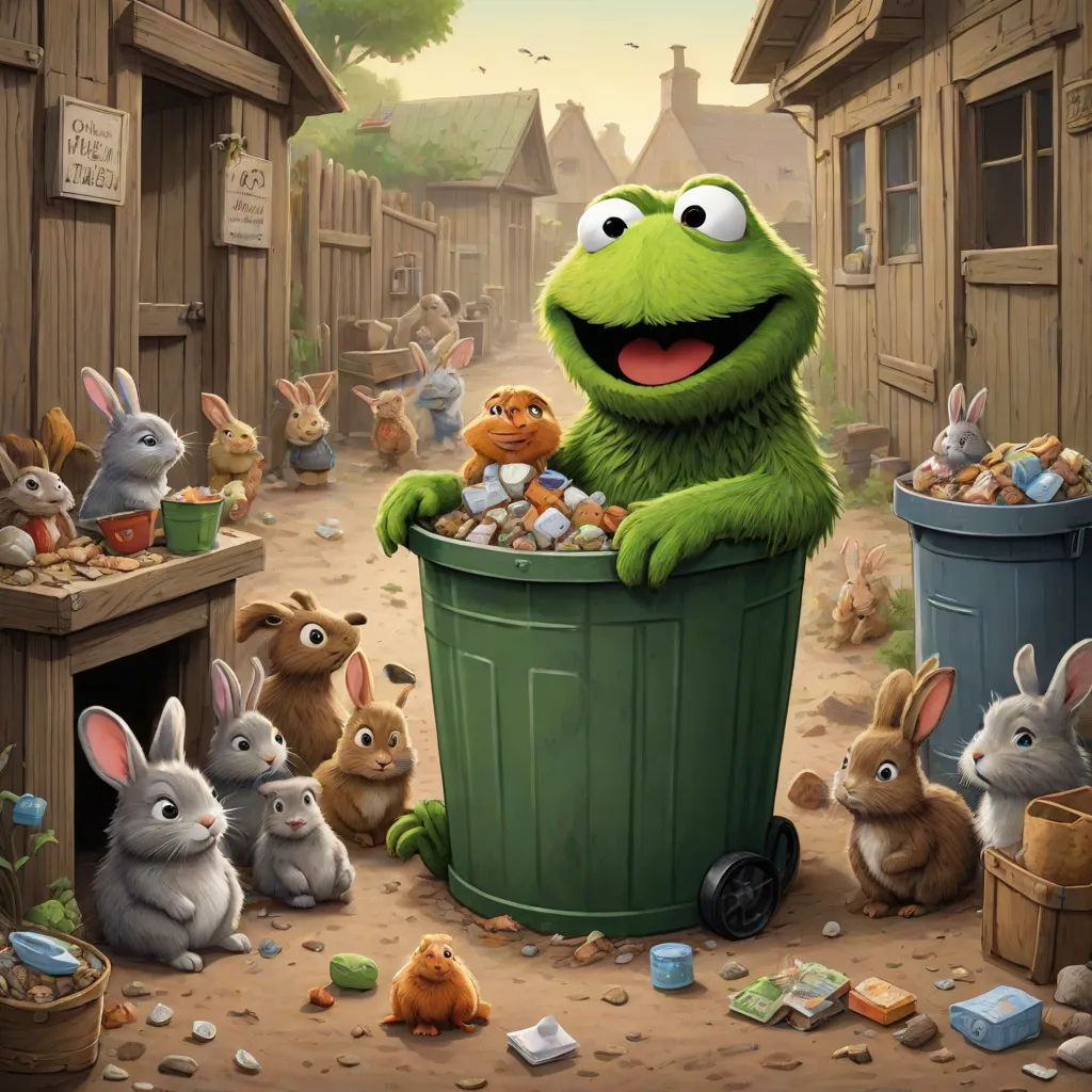 a cartoon character is in a trash can full of rabbits and other animals, with a house in the background, furry art, concept art, Chris LaBrooy, official art