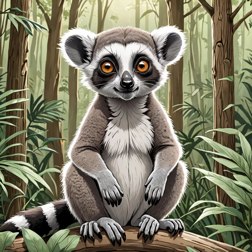 a lemura sitting on a log in a forest with tall trees and green foliages, with a bright orange eye, furry art, a storybook illustration, Chris LaBrooy, storybook illustration