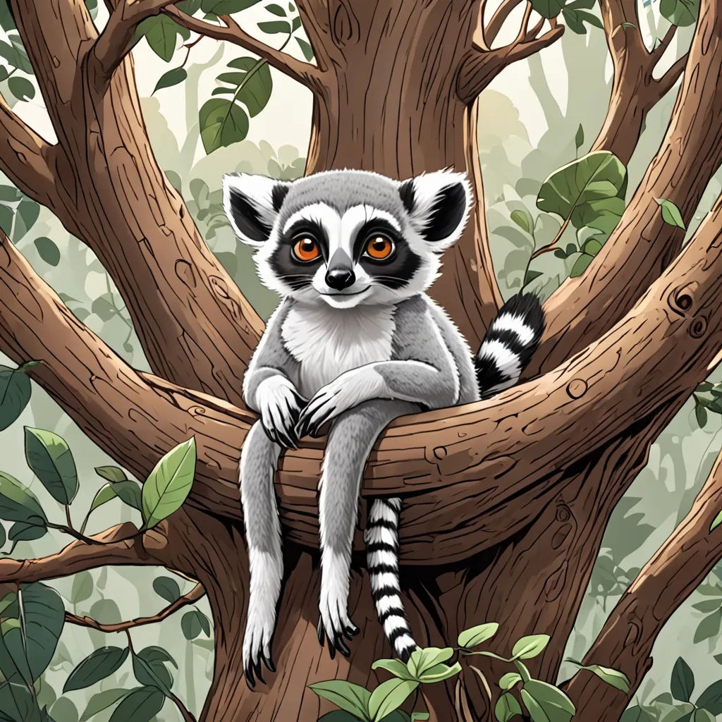 a small animal sitting in a tree with leaves on it's branches and eyes open, with a background of green foliage, digital art, a storybook illustration, Chris LaBrooy, storybook illustration