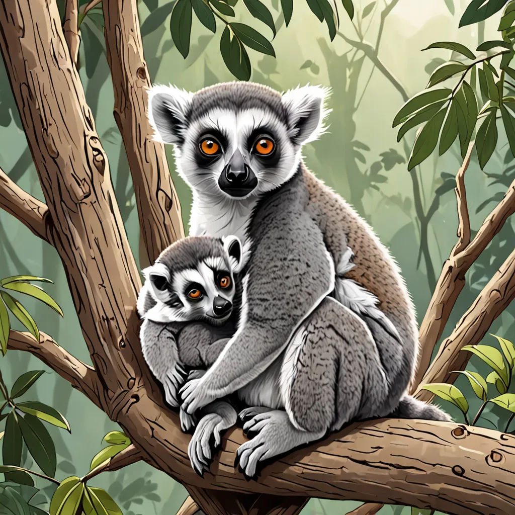 a painting of a mother and baby lemurian on a branch in a forest with leaves and branches, digital art, a storybook illustration, Chris LaBrooy, storybook illustration