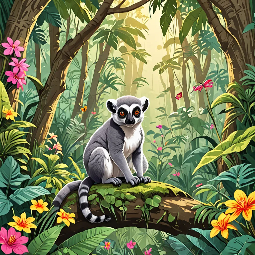 a painting of a lemura sitting on a log in a jungle with flowers and trees around it, environmental art, a storybook illustration, Chris LaBrooy, jungle