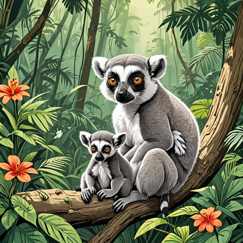 a painting of a mother and baby lemur in a tropical forest with flowers and leaves on the ground, lyco art, a storybook illustration, Chris LaBrooy, storybook illustration