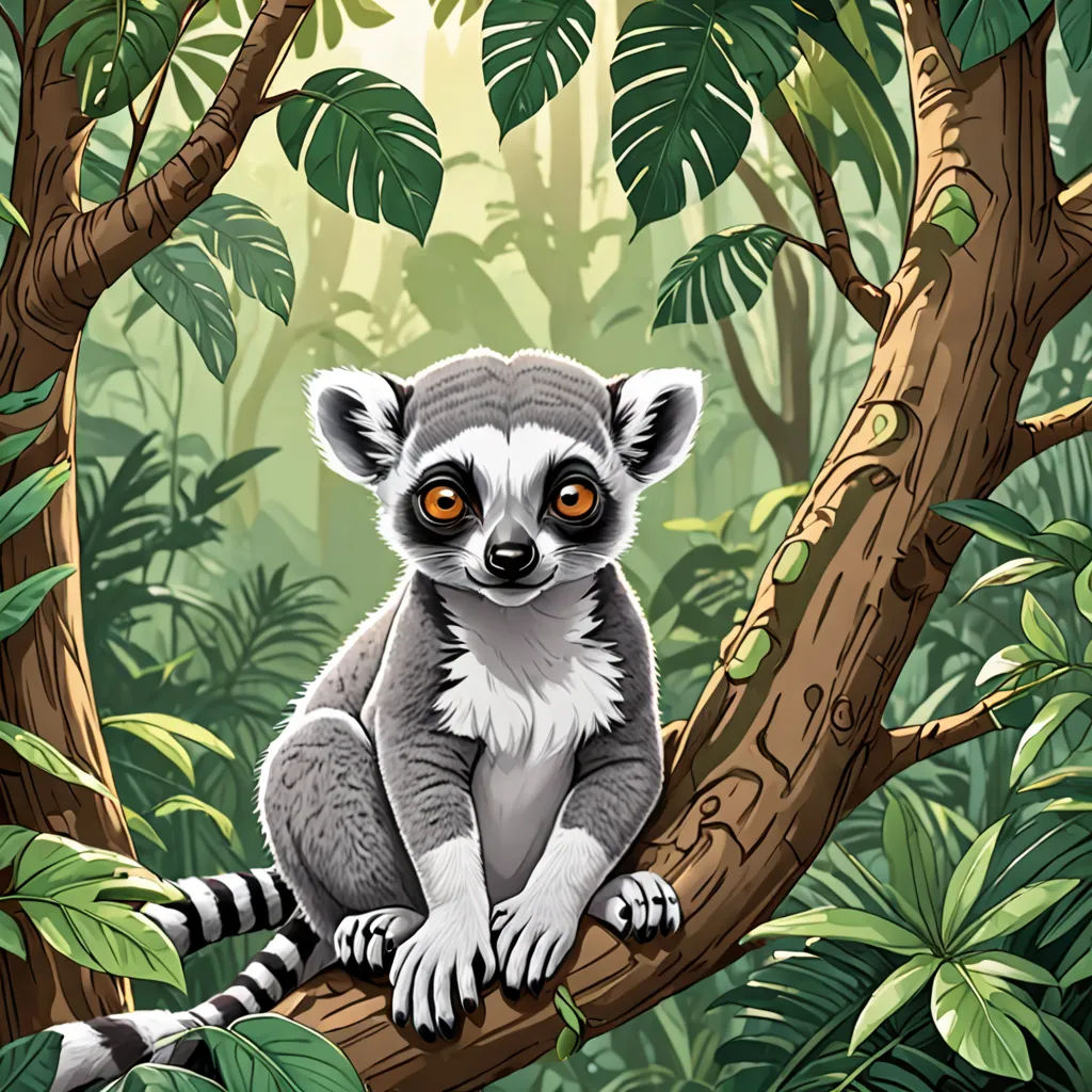 a small animal sitting on a tree branch in a jungle setting with leaves and branches around it, with a yellow eye, lyco art, a storybook illustration, Chris LaBrooy, storybook illustration