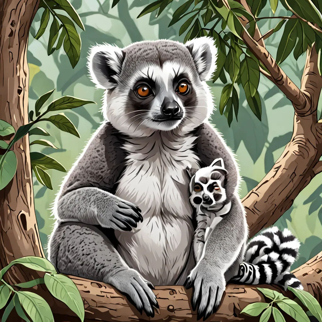 a painting of a lemura and her baby in a tree with leaves and branches around it, with a green background, furry art, a storybook illustration, Chris LaBrooy, storybook illustration