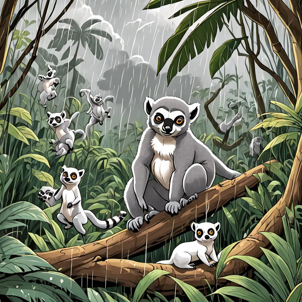 a group of animals that are sitting on a tree branch in the rain in a forest with rain falling, lyco art, a storybook illustration, Chris LaBrooy, storybook illustration