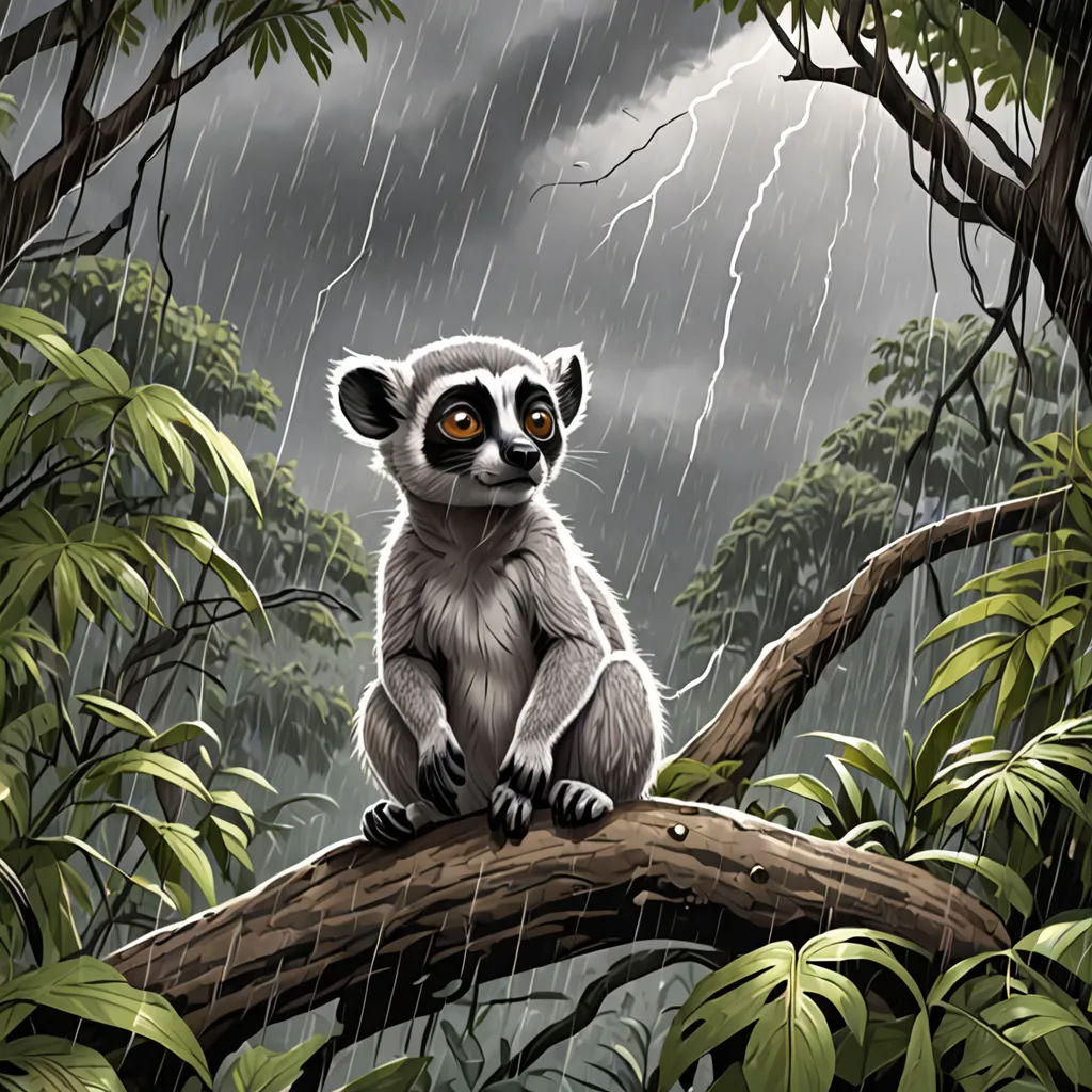 a lemur sitting on a tree branch in the rain with a storm in the background and a lightning bolt in the sky, serial art, a storybook illustration, Chris LaBrooy, comic cover art