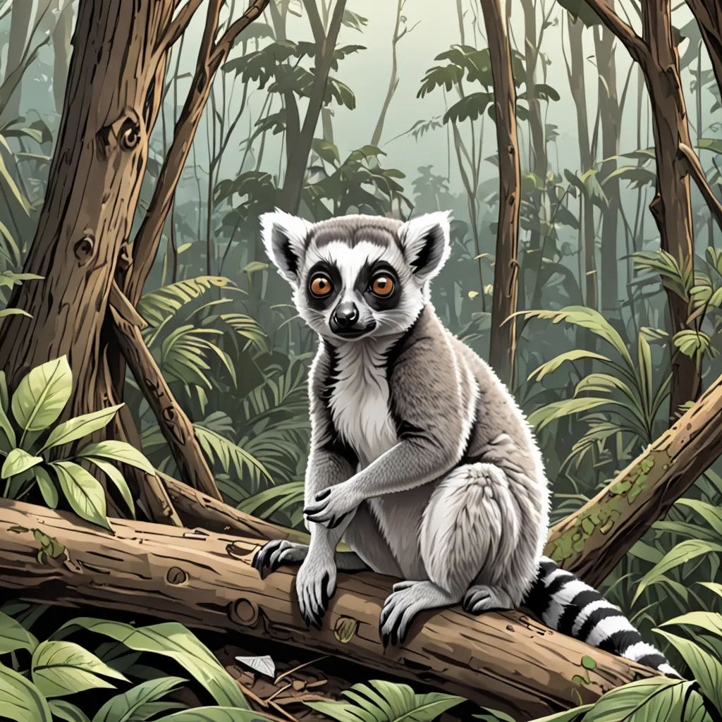 a painting of a lemura sitting on a log in a forest with trees and plants around it, serial art, an illustration of, Chris LaBrooy, high detail illustration