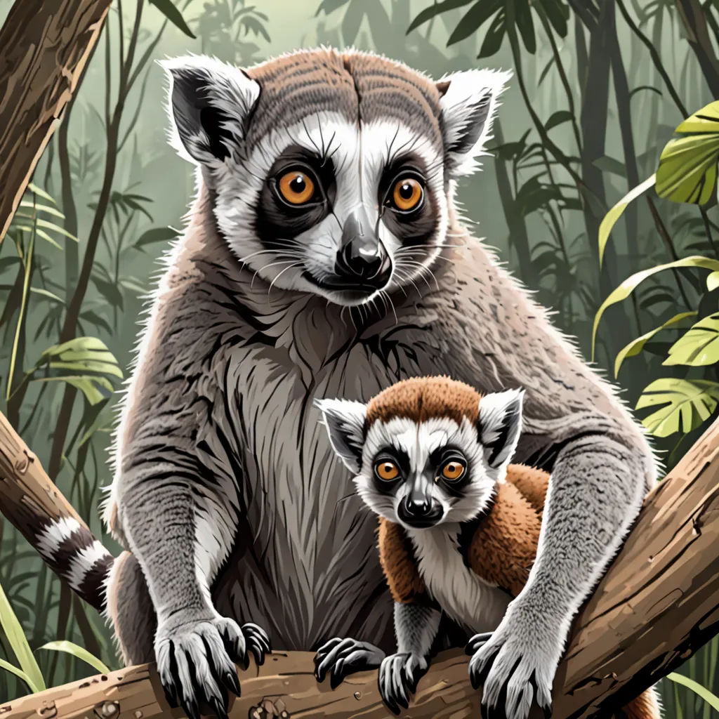 a painting of a lemura and its baby on a tree branch in a jungle setting with leaves, digital art, a digital painting, Chris LaBrooy, highly detailed digital painting