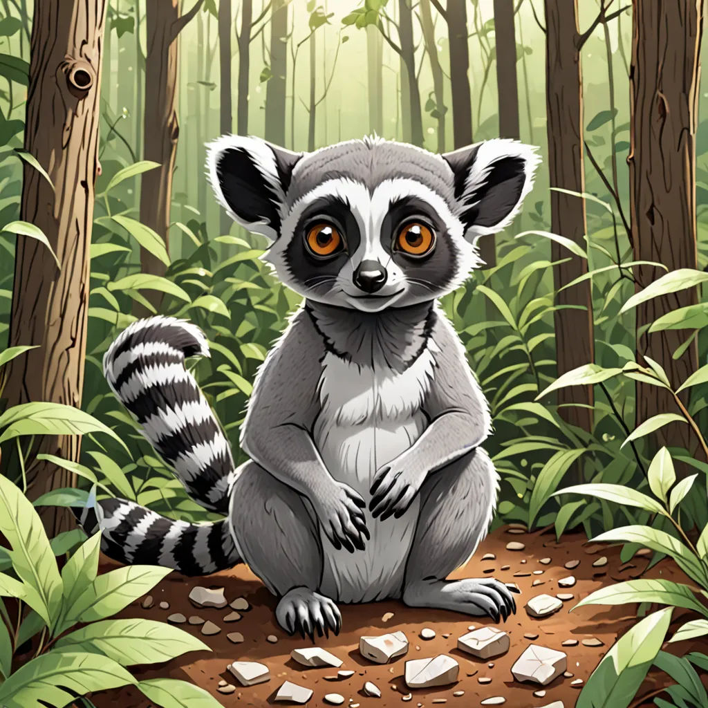 a small animal sitting on a dirt ground in a forest with trees and rocks on the ground and a few leaves on the ground, sots art, a storybook illustration, Chris LaBrooy, digital illustration