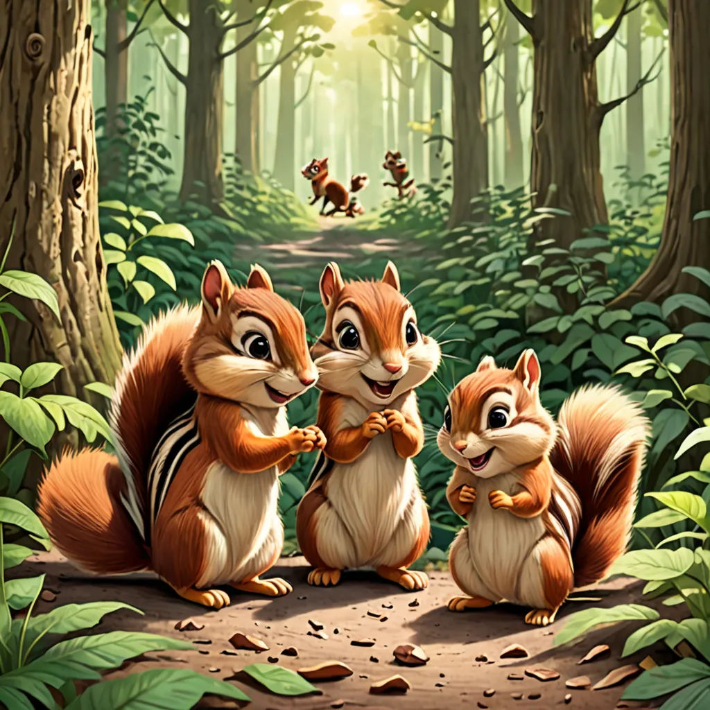 a painting of three squirrels in a forest with a squirrel flying overhead and a squirrel on the ground with a squirrel on its back, altermodern, a storybook illustration, Chris LaBrooy, official art
