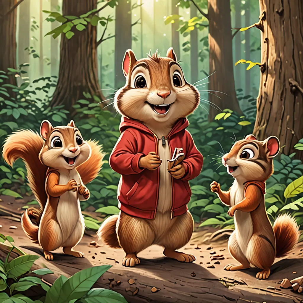 a group of chipmuns standing in the woods together, with a squirrel holding a sign in front of them, sots art, concept art, Chris LaBrooy, key art