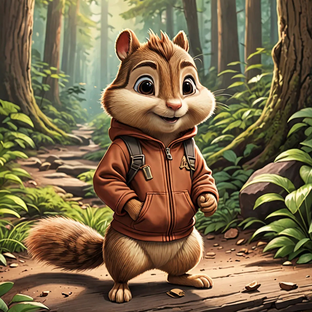 a cartoon squirrel in a brown jacket standing in a forest with a trail in the background and trees and leaves, furry art, a character portrait, Chris LaBrooy, official art