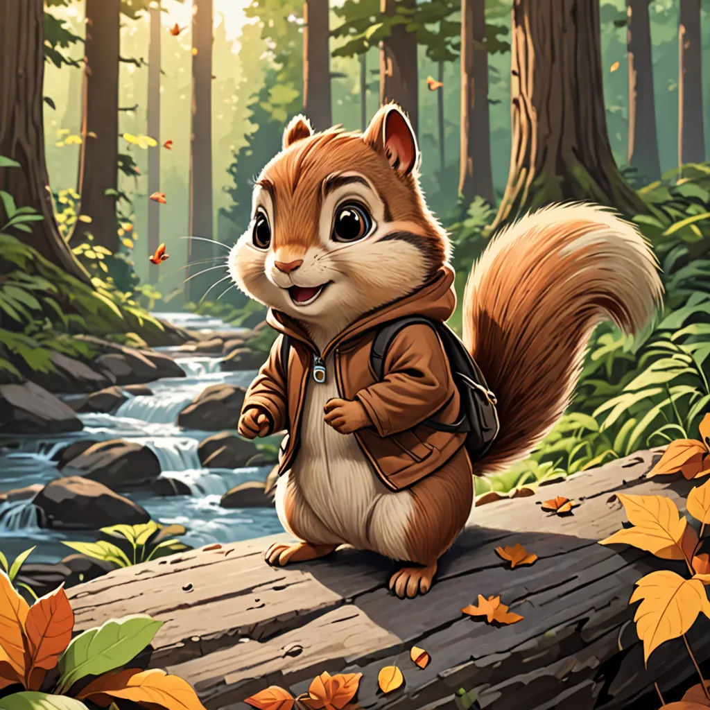 a squirrel is sitting on a log in the woods with leaves around it and a stream running through the woods, furry art, a character portrait, Chris LaBrooy, official art