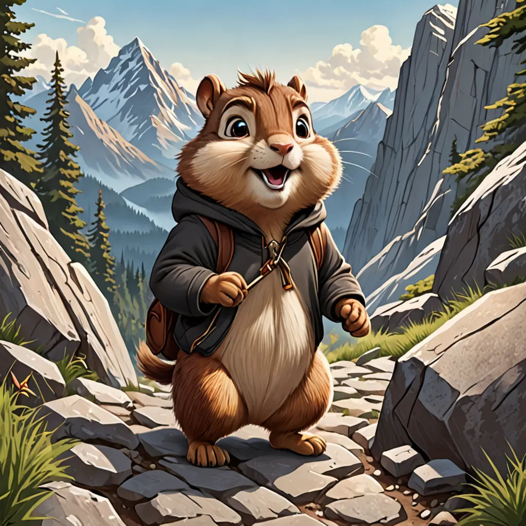 a cartoon squirrel with a backpack on a rocky path in the mountains with pine trees and rocks on the ground, furry art, a character portrait, Chris LaBrooy, official art