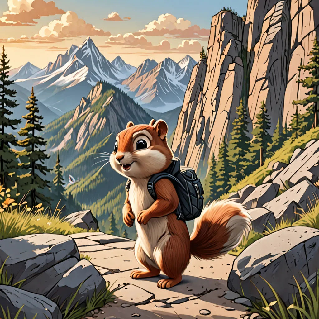 a squirrel with a backpack standing on a rock in the mountains with a view of the mountains and trees, american scene painting, a storybook illustration, Chris LaBrooy, promotional image