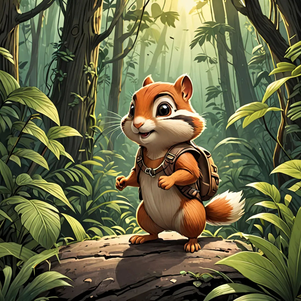 a squirrel with a backpack standing in the middle of a forest with a sunbeam in the background and a forest floor, sots art, a character portrait, Chris LaBrooy, key art
