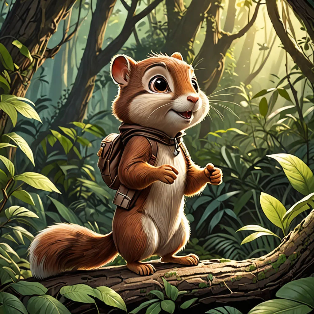 a squirrel with a backpack is standing on a log in the woods with a forest background and sunlight coming through the trees, sots art, a character portrait, Chris LaBrooy, magic the gathering artwork