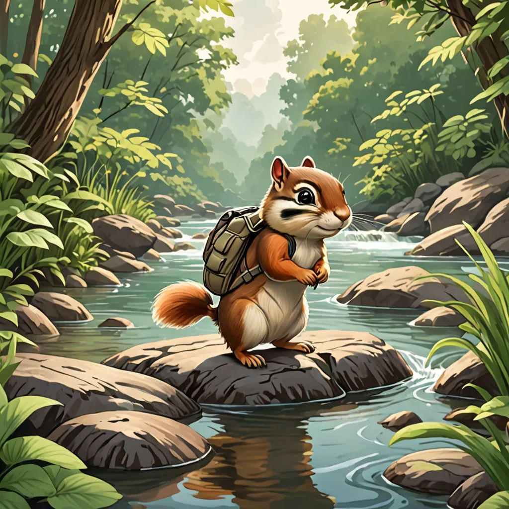 a squirrel with a backpack is standing on a rock in a river surrounded by trees and rocks, with a stream running through it, hudson river school, a character portrait, Chris LaBrooy, character portrait