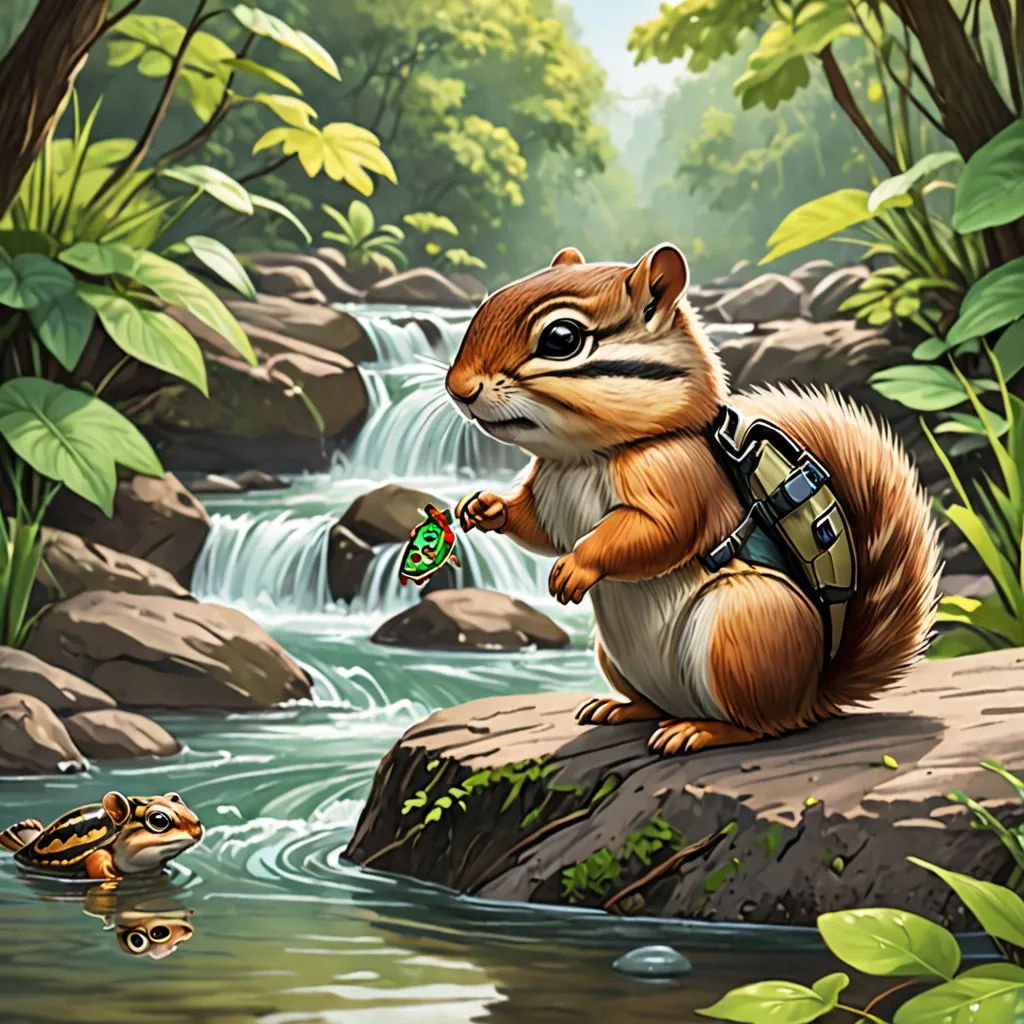 a painting of a squirrel on a rock with a frog in the water and a waterfall in the background, fantasy art, a character portrait, Chris LaBrooy, magic the gathering artwork
