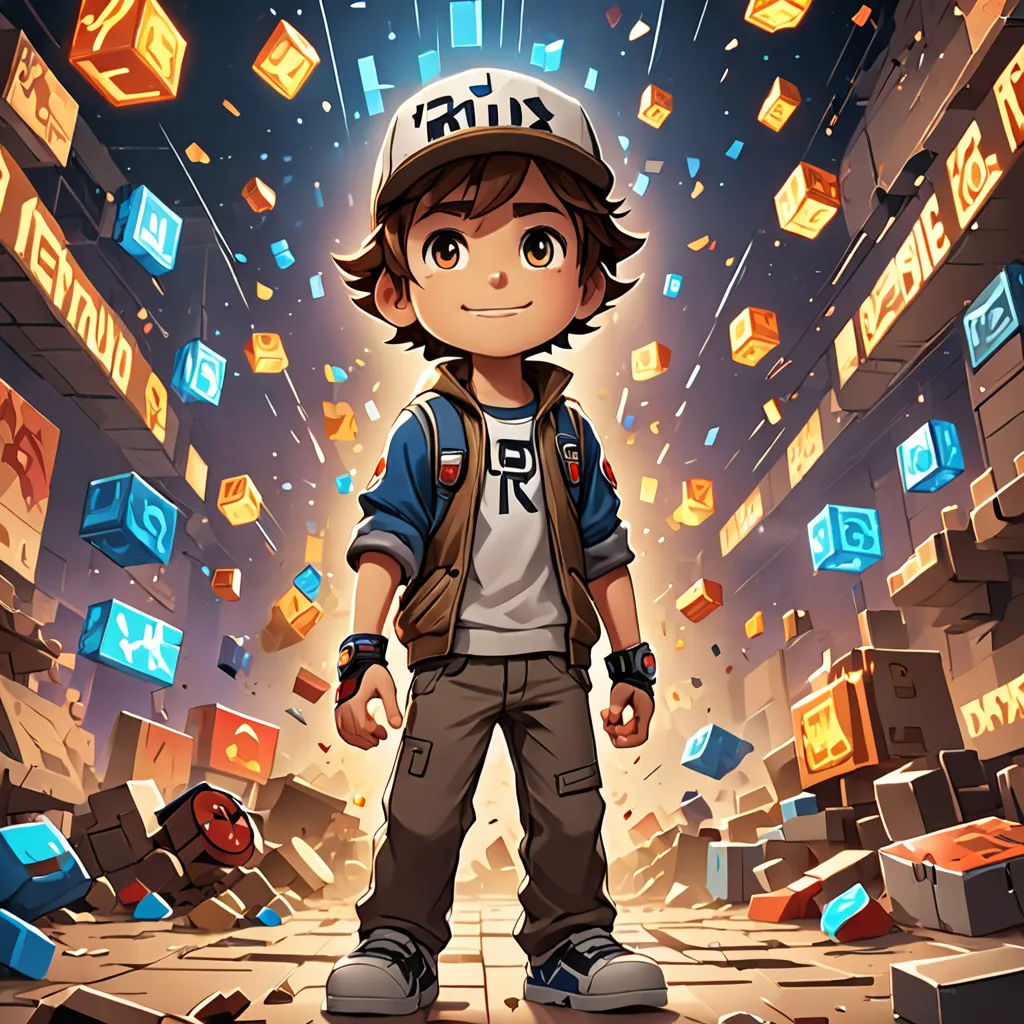 a boy in a baseball cap standing in a room full of boxes and letters with a sky background of blocks, lyco art, graffiti art, Cyril Rolando, rossdraws global illumination