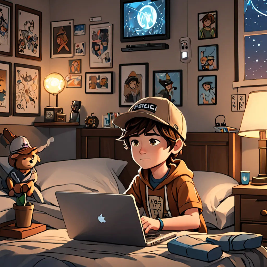 a boy sitting in bed with a laptop computer in his hand and a teddy bear sitting on the bed, space art, a storybook illustration, Cliff Childs, rossdraws global illumination