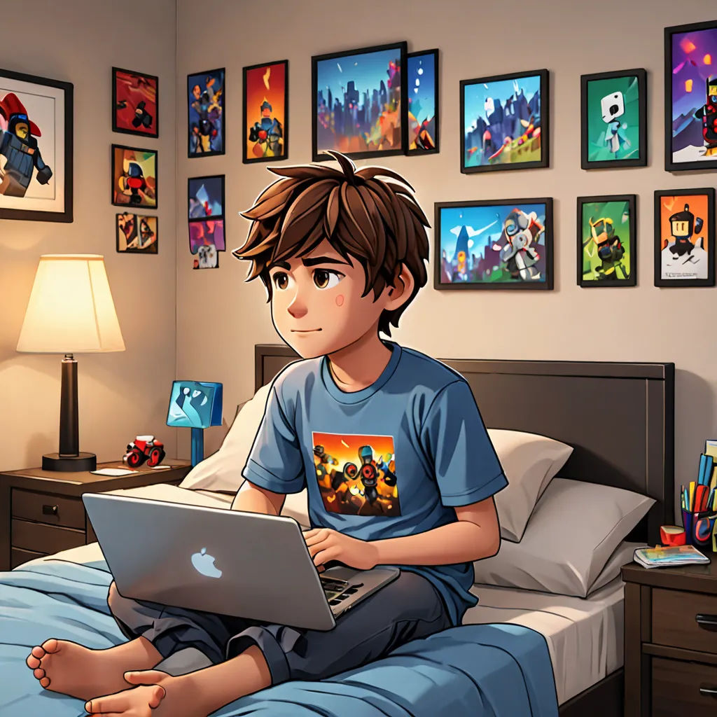 a boy sitting on a bed using a laptop computer in a bedroom with pictures on the wall and a lamp, sots art, computer graphics, Cedric Seaut (Keos Masons), art station