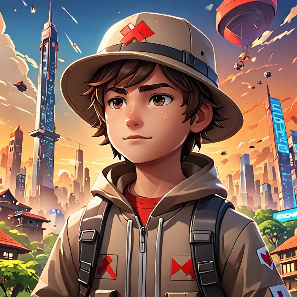 a boy in a hat and jacket standing in front of a cityscape with a red cross on his chest, retrofuturism, a character portrait, Dai Xi, 2 d game art