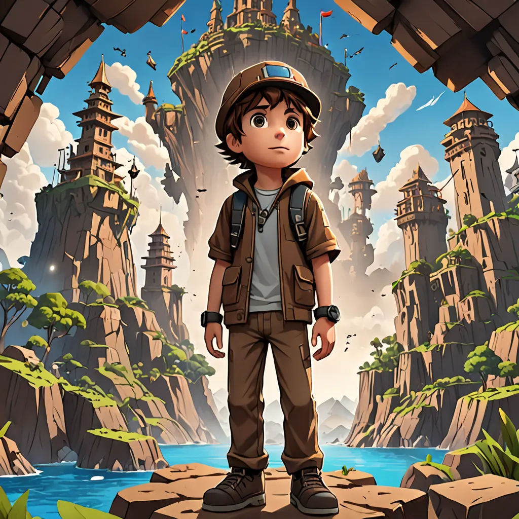 a boy standing on a rock in front of a mountain and a river with a castle in the background, fantasy art, a detailed matte painting, Cliff Childs, rossdraws global illumination