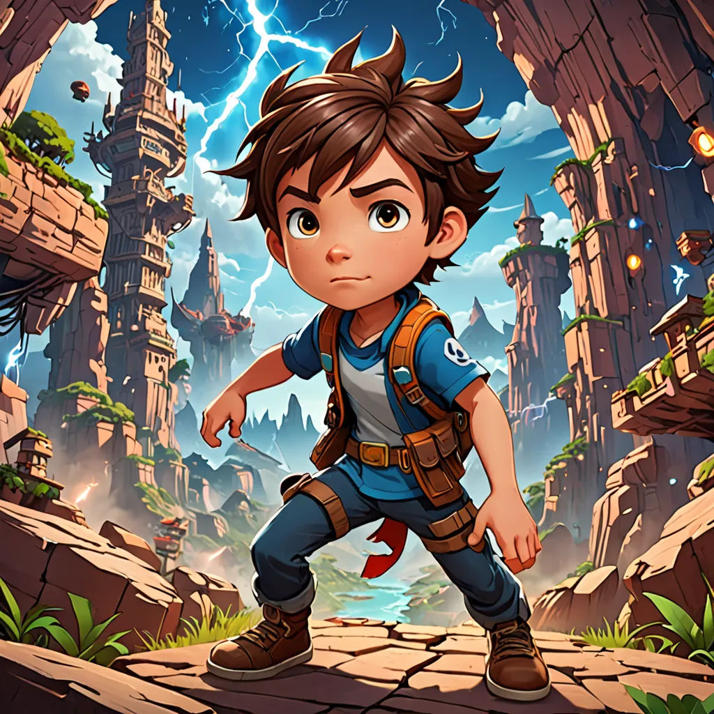a boy in a blue shirt and a brown backpack standing in front of a cave with a lightning bolt, lyco art, concept art, Cedric Seaut (Keos Masons), 2 d game art