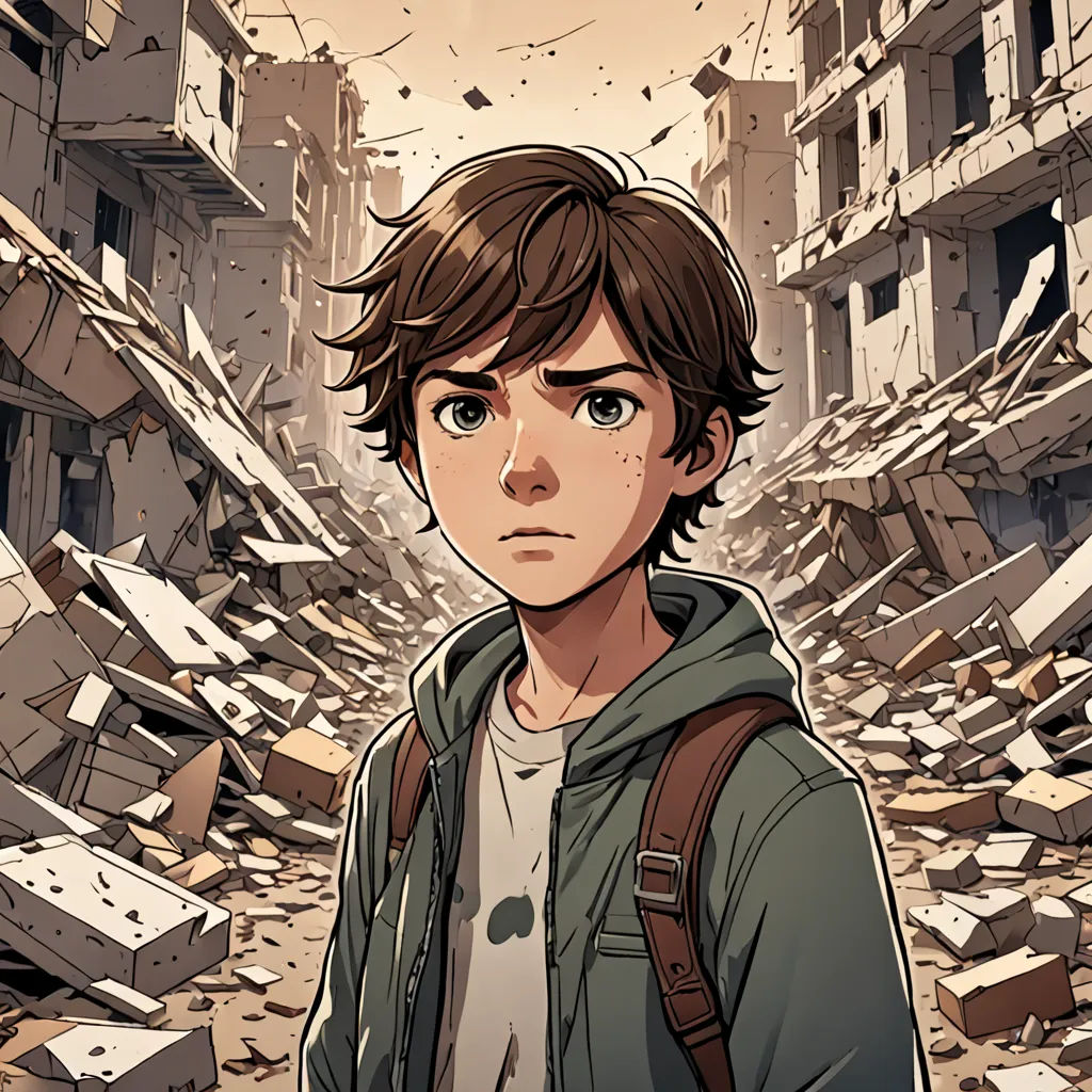 a boy standing in a rubble area with a backpack on his shoulder and a building in the background with debris all over, serial art, a comic book panel, Cedric Seaut (Keos Masons), official art