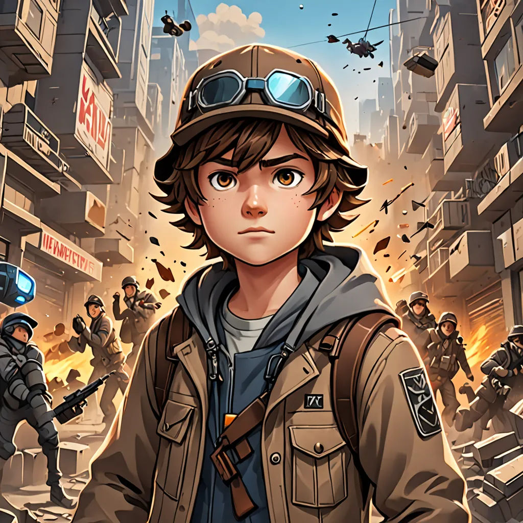 a boy in a hat and glasses standing in front of a group of soldiers in a city with buildings, underground comix, a comic book panel, Cedric Seaut (Keos Masons), comic cover art