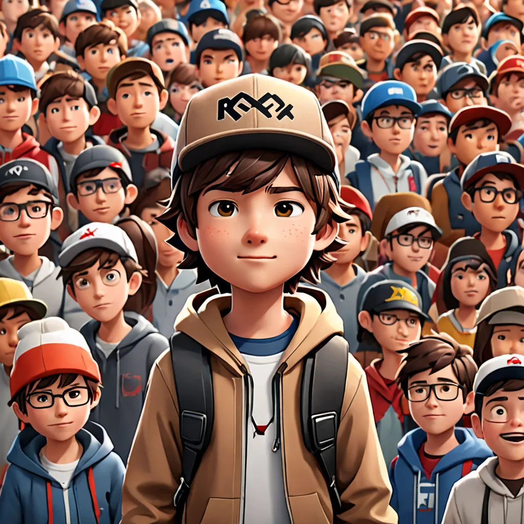a crowd of people with a boy in a baseball cap standing in front of a crowd of other boys, photorealism, concept art, Adam Rex, rossdraws global illumination